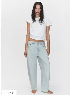 Zara TRF Baggy Mid-Rise Balloon Jeans, Light Blue, 34 (US size 2)
